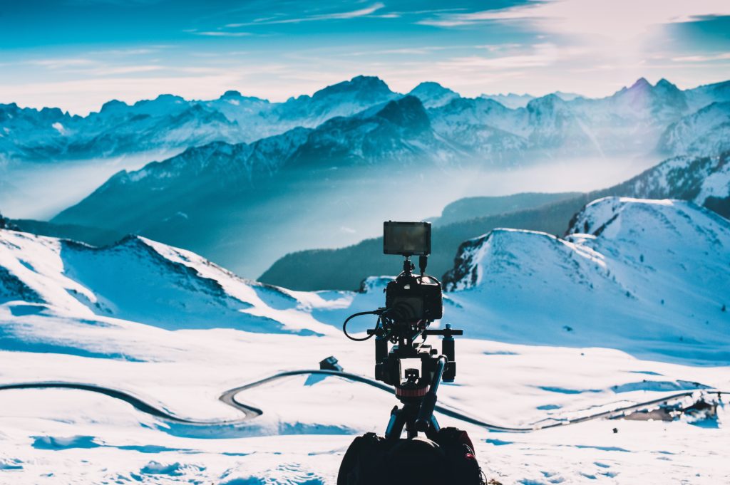 Camera set up in snow-covered mountains