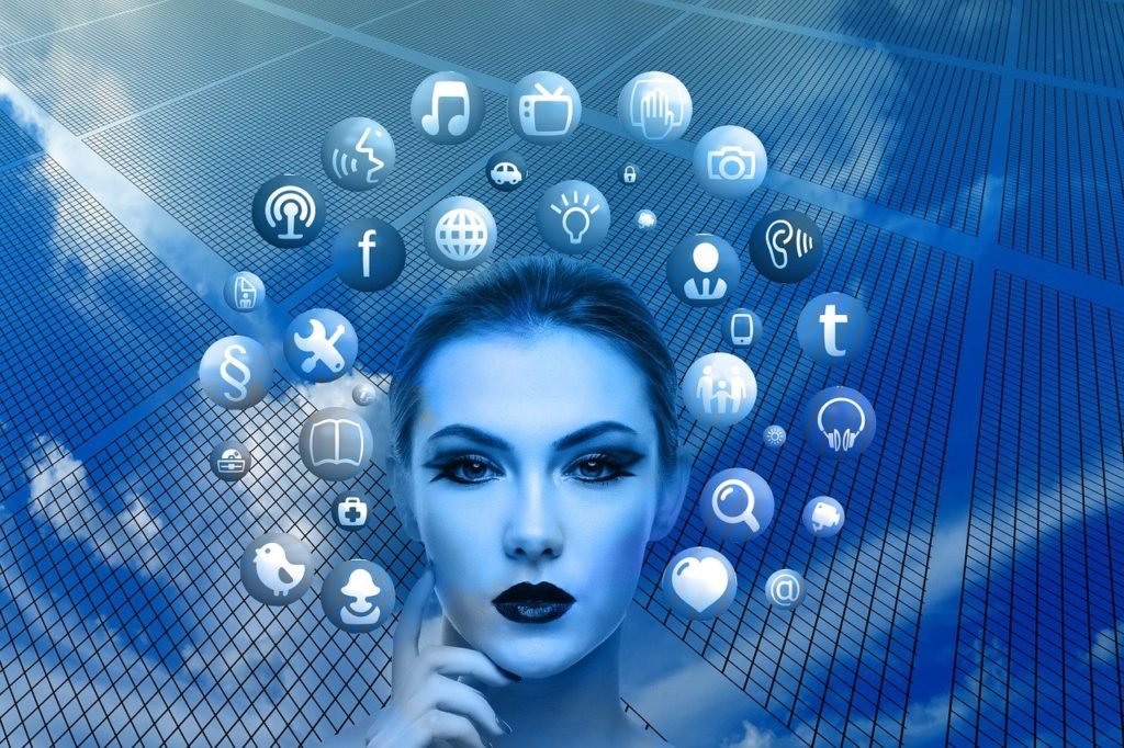 Woman with blue face surrounded by social media logos