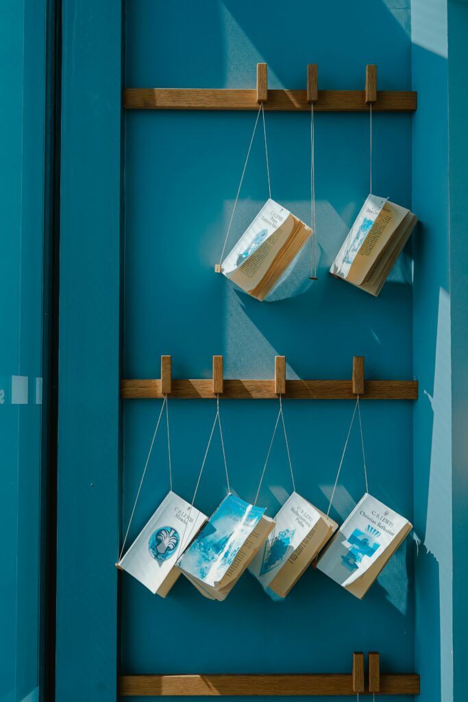 Books hanging from pegs against a blue wall
