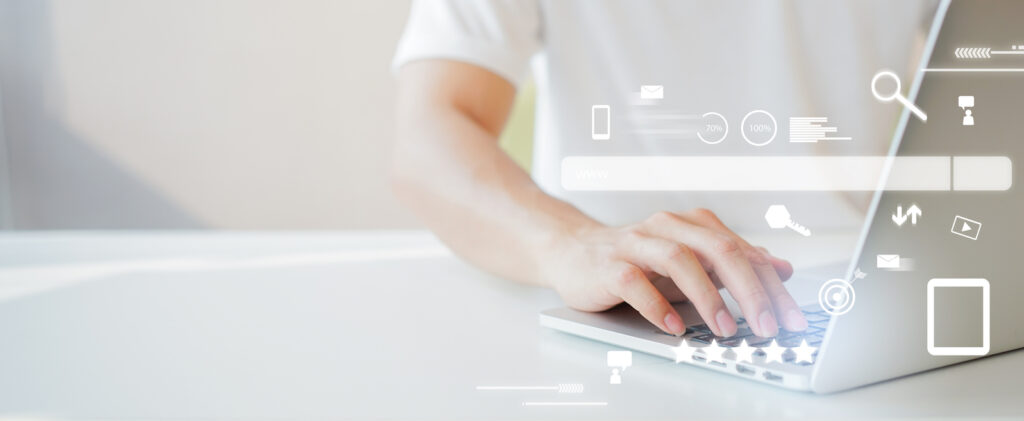 close up man hand type on keyboard laptop to use search engine optimization (SEO) tools for finding customer or promote and advertise about content online for marketing technology and business concept